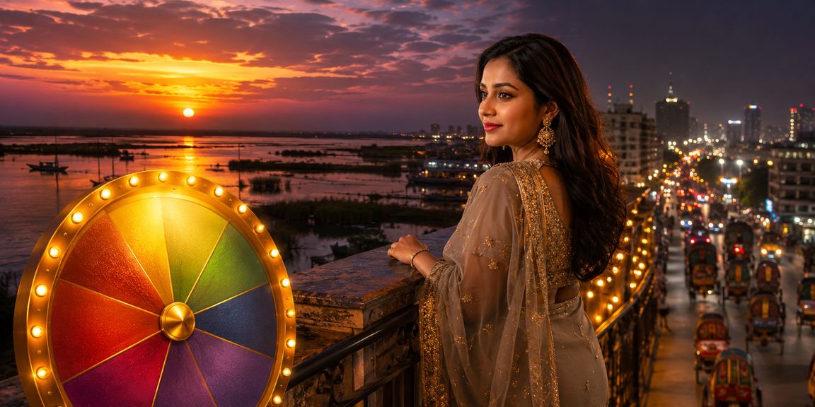 ঢাকার রিকশার পটভূমিতে লাকি ড্র গেমে অংশ নিচ্ছেন একজন খেলোয়াড়
